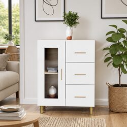 High Gloss White Storage Sideboard with Glass Door