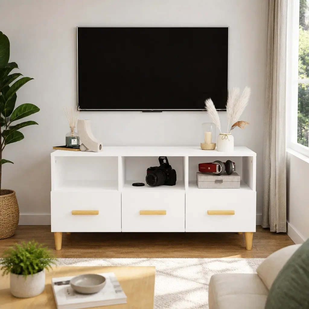TV Cabinet Engineered Wood 102 x 36 x 50 cm High Gloss White Modern Media Unit Storage Drawers Compartments