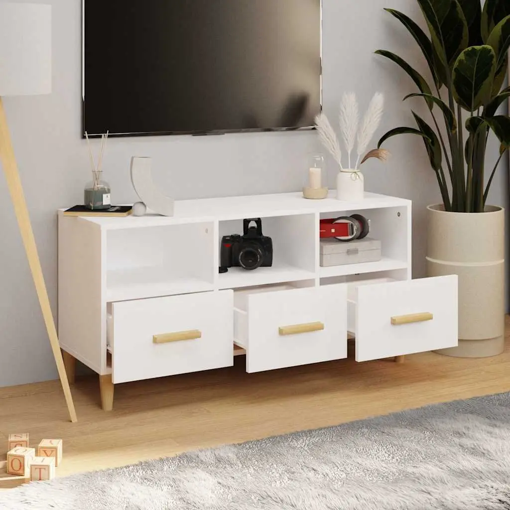 TV Cabinet Engineered Wood 102 x 36 x 50 cm High Gloss White Modern Media Unit Storage Drawers Compartments