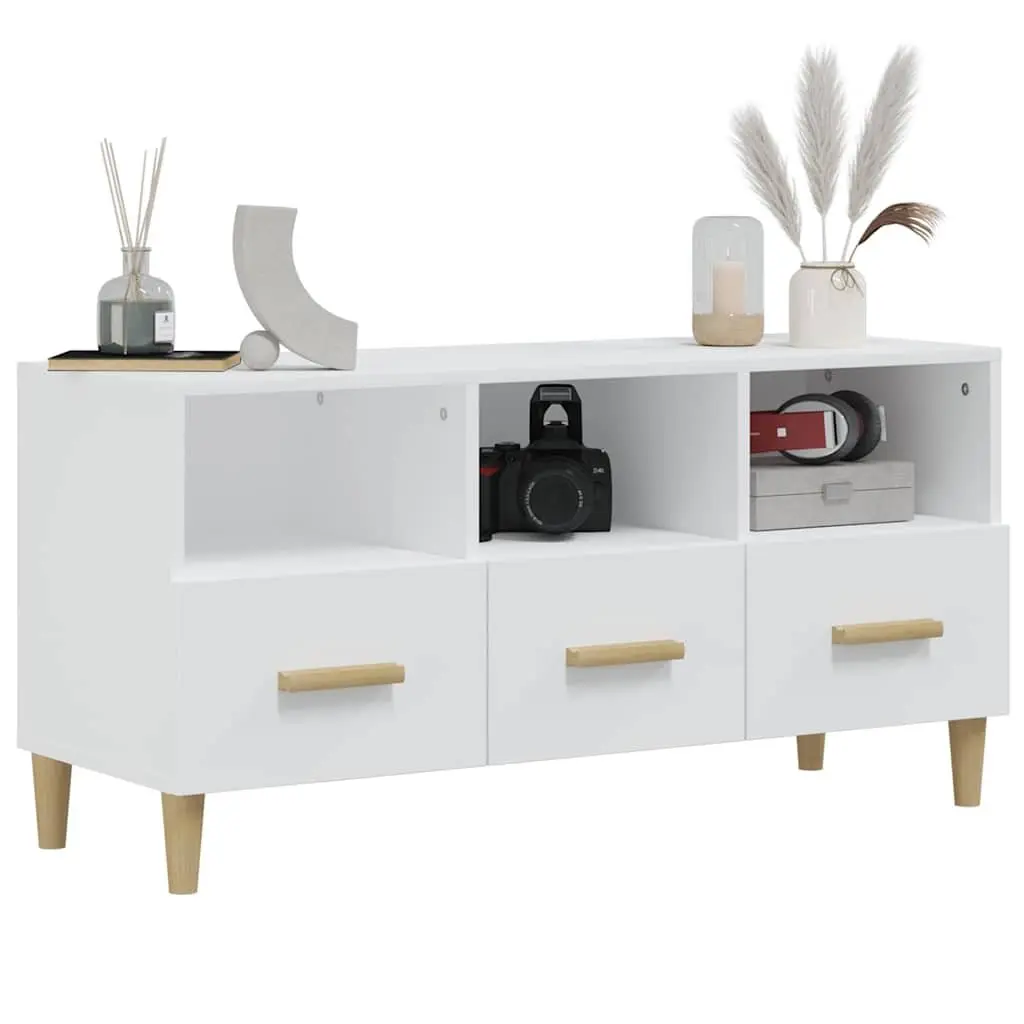 TV Cabinet Engineered Wood 102 x 36 x 50 cm High Gloss White Modern Media Unit Storage Drawers Compartments