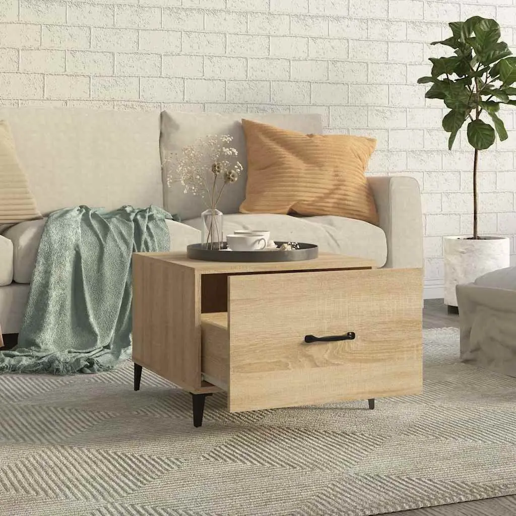 Coffee Table Engineered Wood 50x50x40cm Brown Set of 2 with Metal Legs Storage Drawer