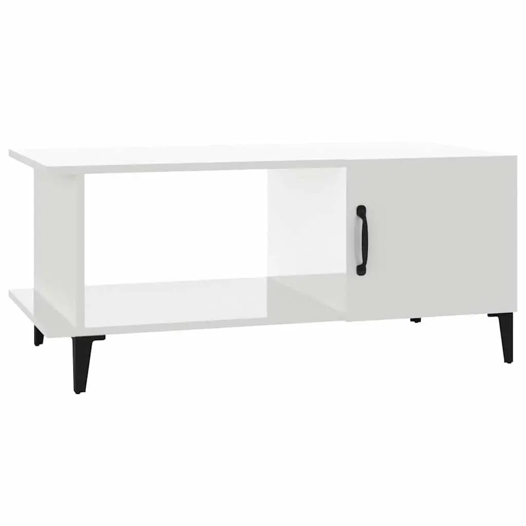 Coffee Table Engineered Wood High Gloss White 90L x 50W x 40H cm with Storage Compartment Shelf Metal Legs