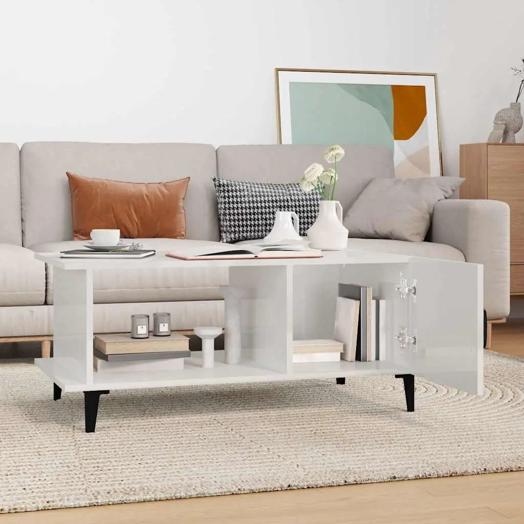 Coffee Table Engineered Wood High Gloss White 90L x 50W x 40H cm with Storage Compartment Shelf Metal Legs
