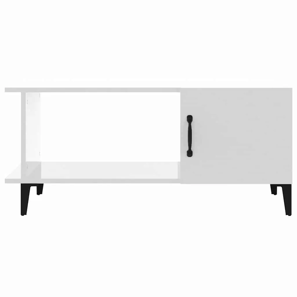 Coffee Table Engineered Wood High Gloss White 90L x 50W x 40H cm with Storage Compartment Shelf Metal Legs