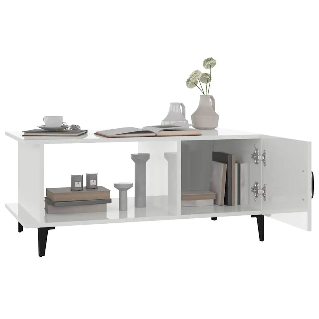 Coffee Table Engineered Wood High Gloss White 90L x 50W x 40H cm with Storage Compartment Shelf Metal Legs