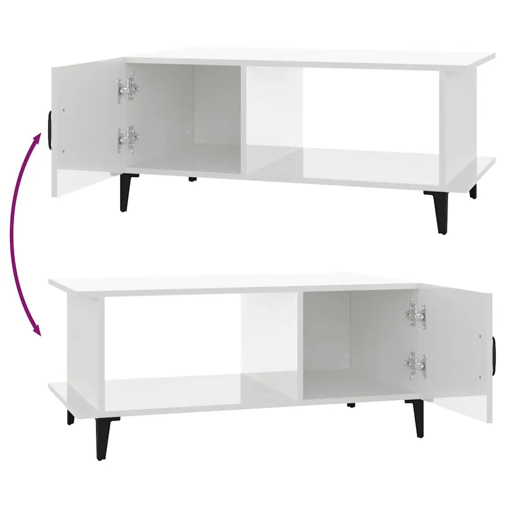 Coffee Table Engineered Wood High Gloss White 90L x 50W x 40H cm with Storage Compartment Shelf Metal Legs