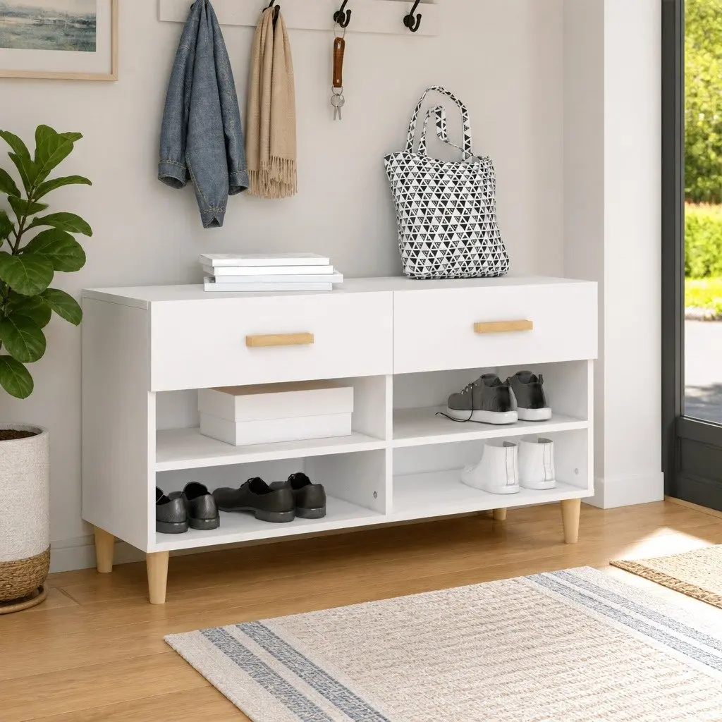 Shoe Cabinet Engineered Wood 102L x 35W x 55H cm White 2 Drawers 4 Compartments