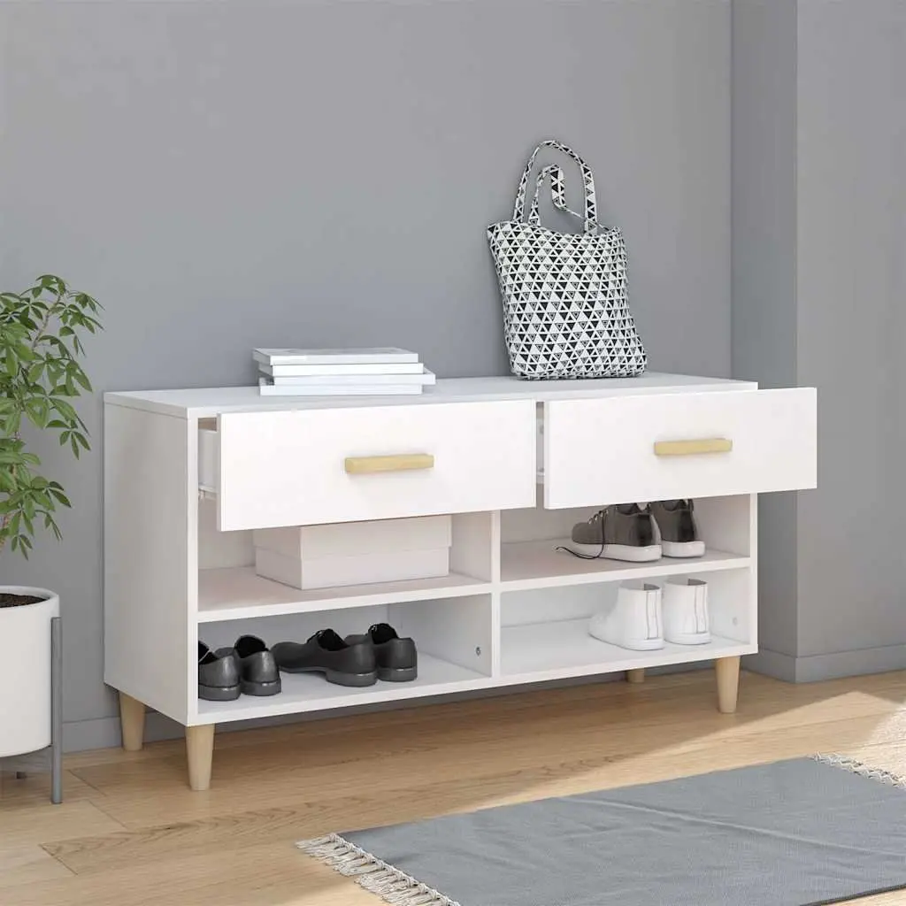 Shoe Cabinet Engineered Wood 102L x 35W x 55H cm White 2 Drawers 4 Compartments