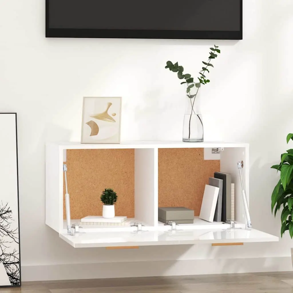 Wall Cabinet High Gloss White Engineered Wood Floating Storage Shelf Living Room