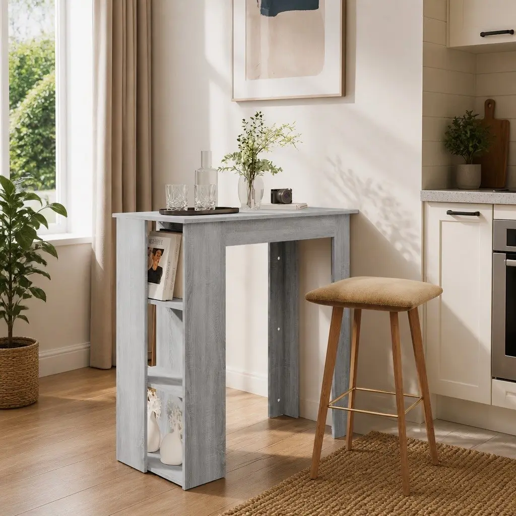 Grey Bar Table with Shelves for Easy Storage
