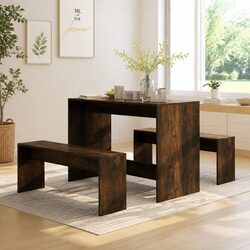 3 Piece Dining Set with Modern Benches in Brown