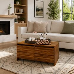 Brown Oak Coffee Table with Storage Drawers for Living Rooms