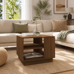 Modern Brown Oak Coffee Table with Open Shelves