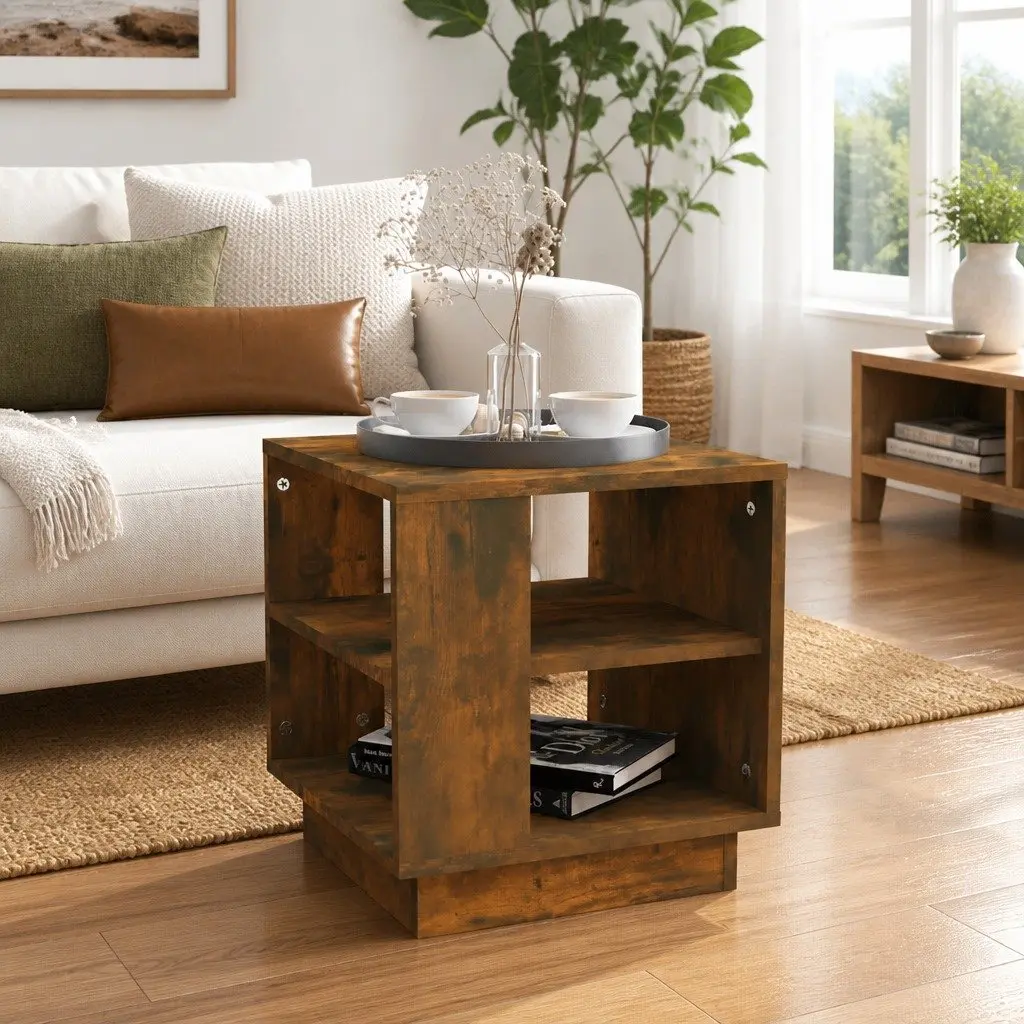 Brown Engineered Coffee Table with 2 Storage Shelves
