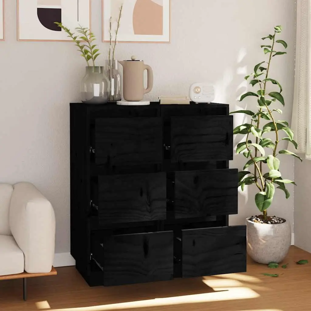 Solid Wood Sideboards 2 pcs Black Storage Cabinet Pinewood Living Room Furniture