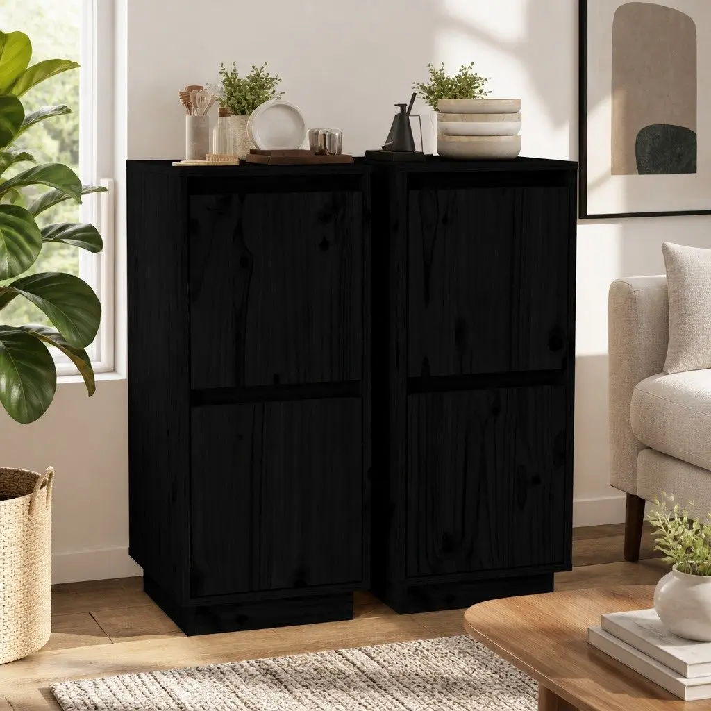 Solid Wood Pine Sideboards 2 pcs Black Cabinets