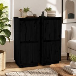 Solid Wood Pine Sideboards 2 pcs Black Storage Cabinet Buffet Furniture Set