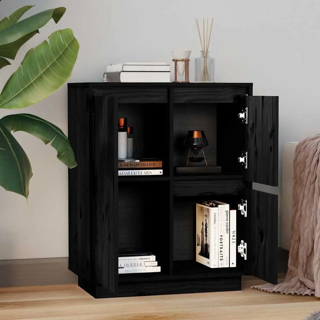 Sideboard Cabinet Solid Pine Wood 60x34x75cm Black 3 Door Storage Buffet Furniture