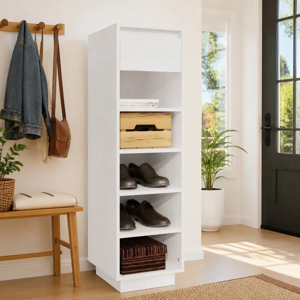 Shoe Cabinet Solid Wood Pine White 5 Compartments 1 Drawer