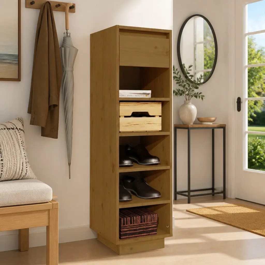 Brown Shoe Cabinet with Floating Feet and Drawer