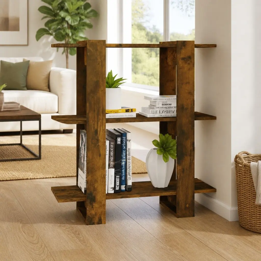 Brown Wooden Book Cabinet and Room Divider for Storage