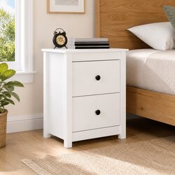 White Solid Pine Wood Bedside Cabinet with Drawers