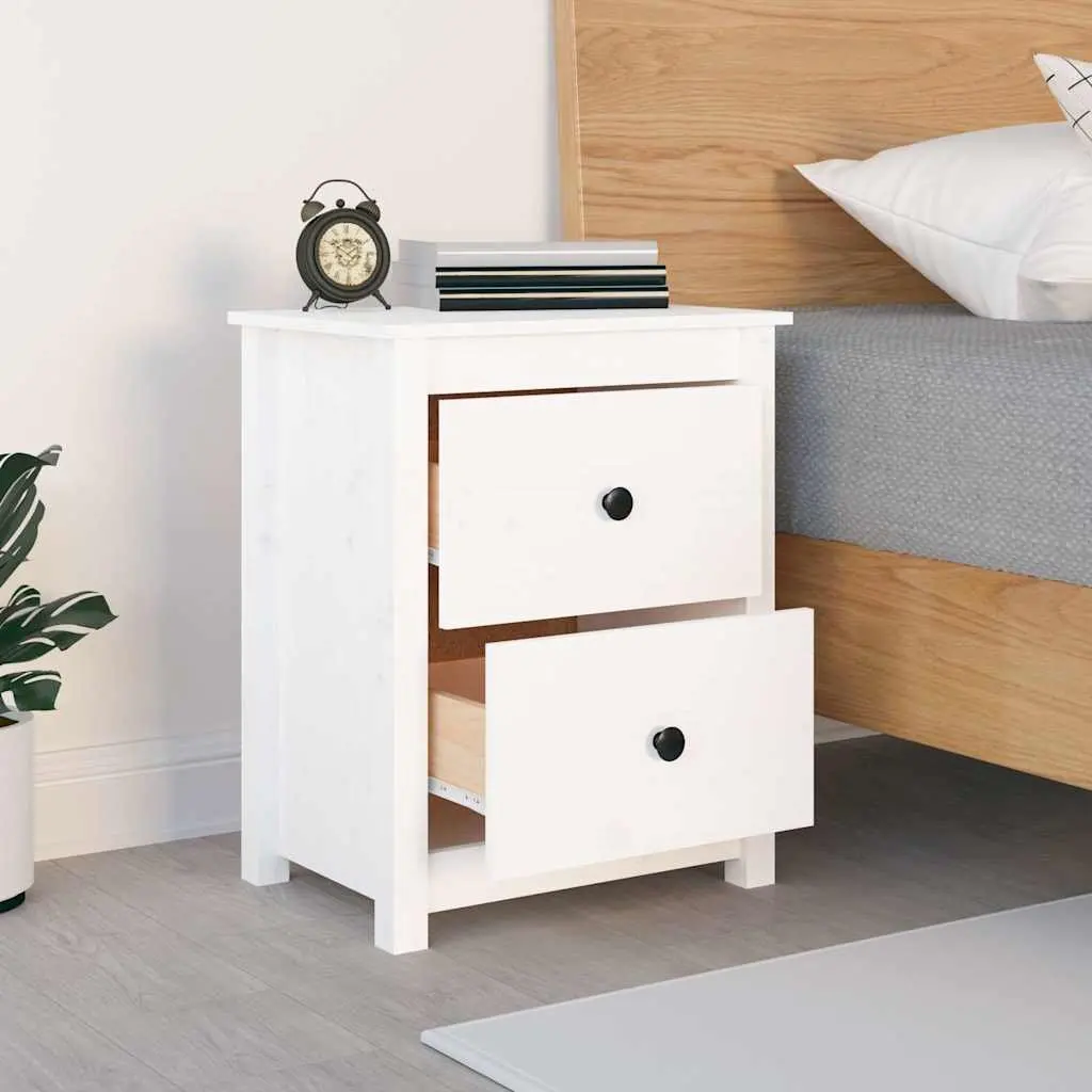 White Solid Pine Wood Bedside Cabinet with Drawers
