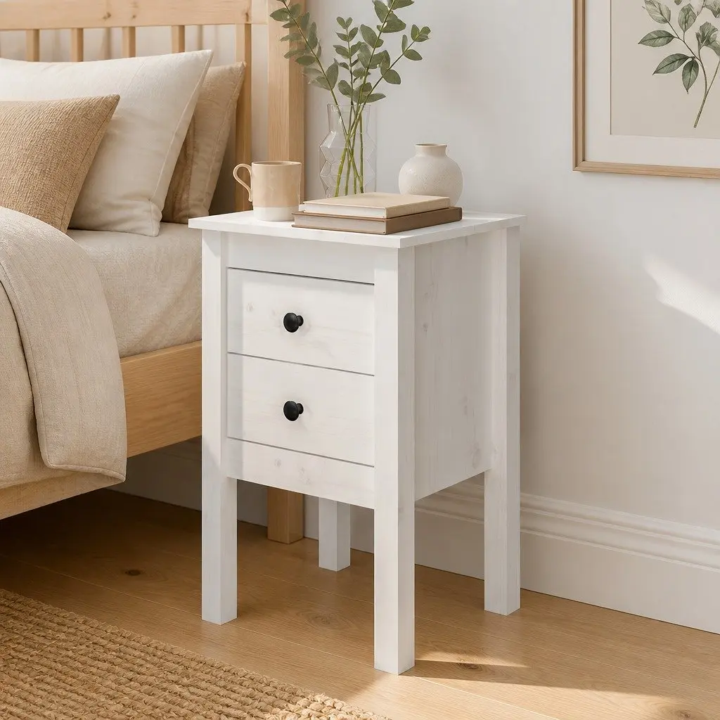 White 2-Drawer Solid Wood Bedside Cabinet 40x35x61.5cm
