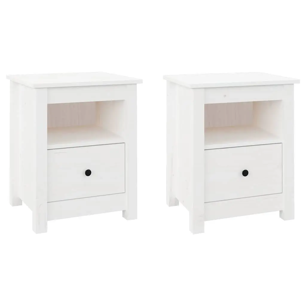 Bedside Cabinets Solid Wood Pine 40 x 35 x 49 cm White 2 Piece Nightstand Storage Drawer Set