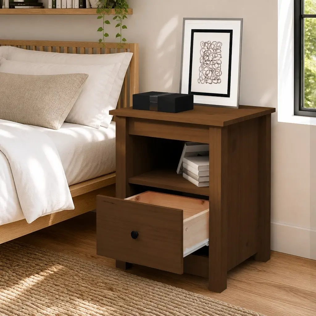 Solid Pine Wood Bedside Cabinet with Drawer