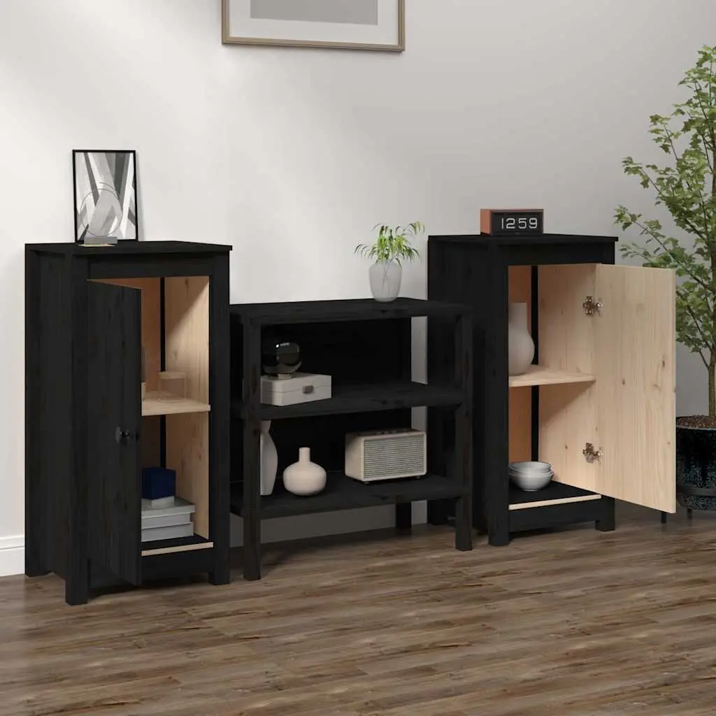 Sideboards 2 pcs Black Solid Wood Storage Cabinet Living Room Furniture