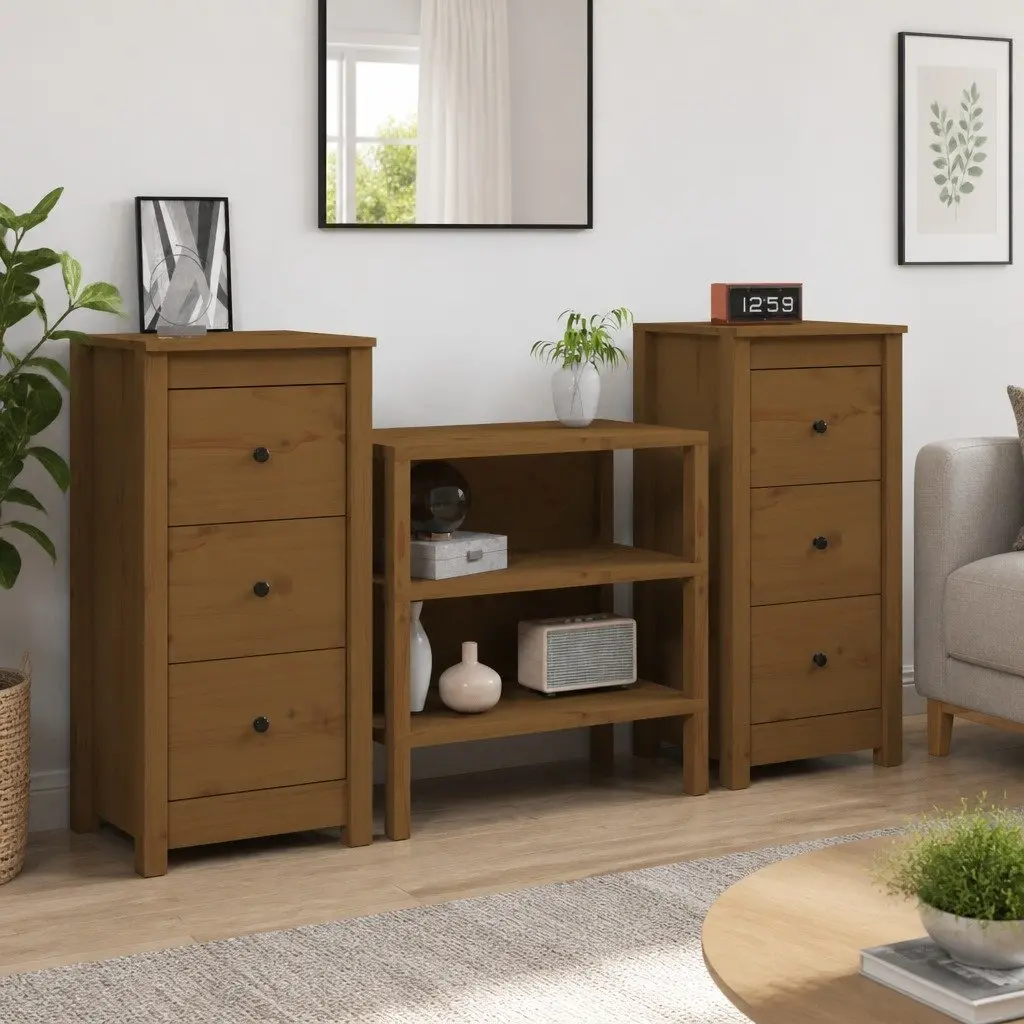 Solid Pine Wood Sideboard Cabinet Set with Rustic Charm
