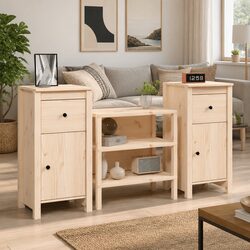 Sturdy Solid Wood Pine Sideboards – 2 pcs Brown Cabinets
