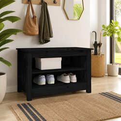 Solid Pine Wood Black Shoe Storage Bench with 2 Shelves