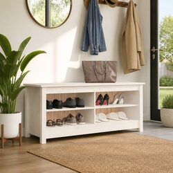 Solid Pine Wood Shoe Bench in White with Storage