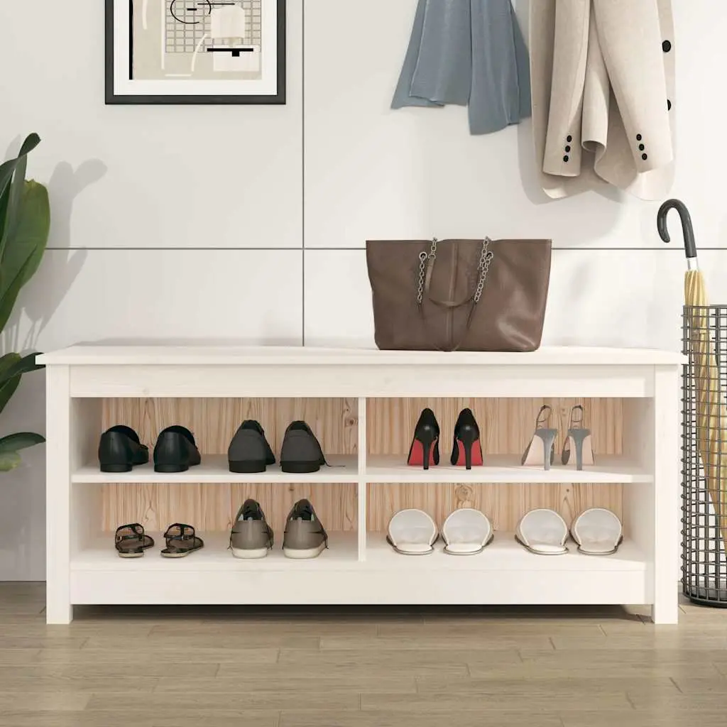 Solid Pine Wood Shoe Bench in White with Storage