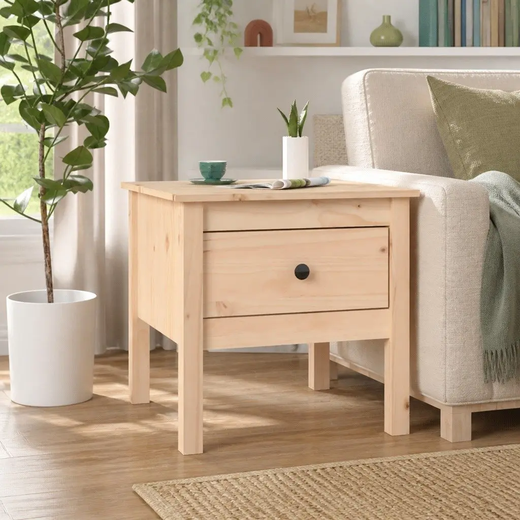 Brown Solid Pine Side Table with Storage Drawer