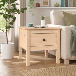 Durable Brown Solid Pine Side Table with Storage Drawer