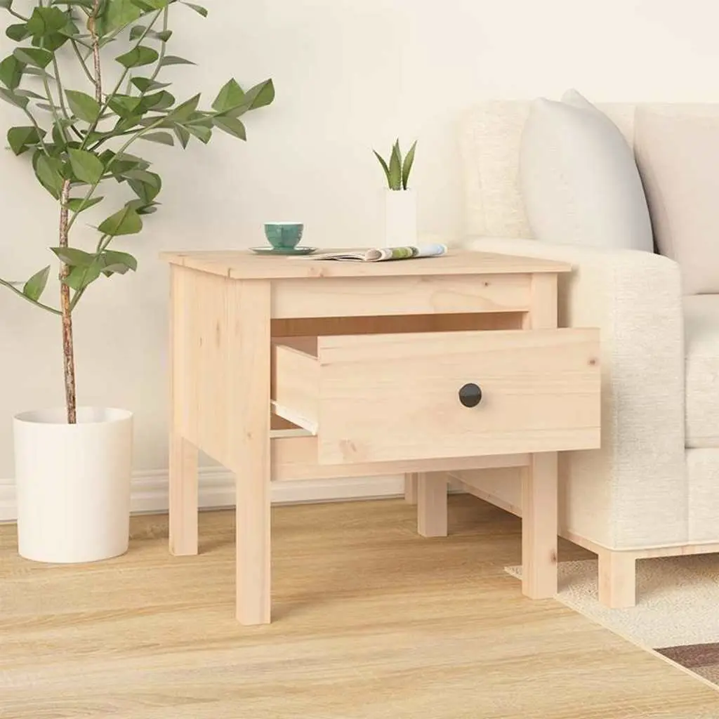 Brown Solid Pine Side Table with Storage Drawer