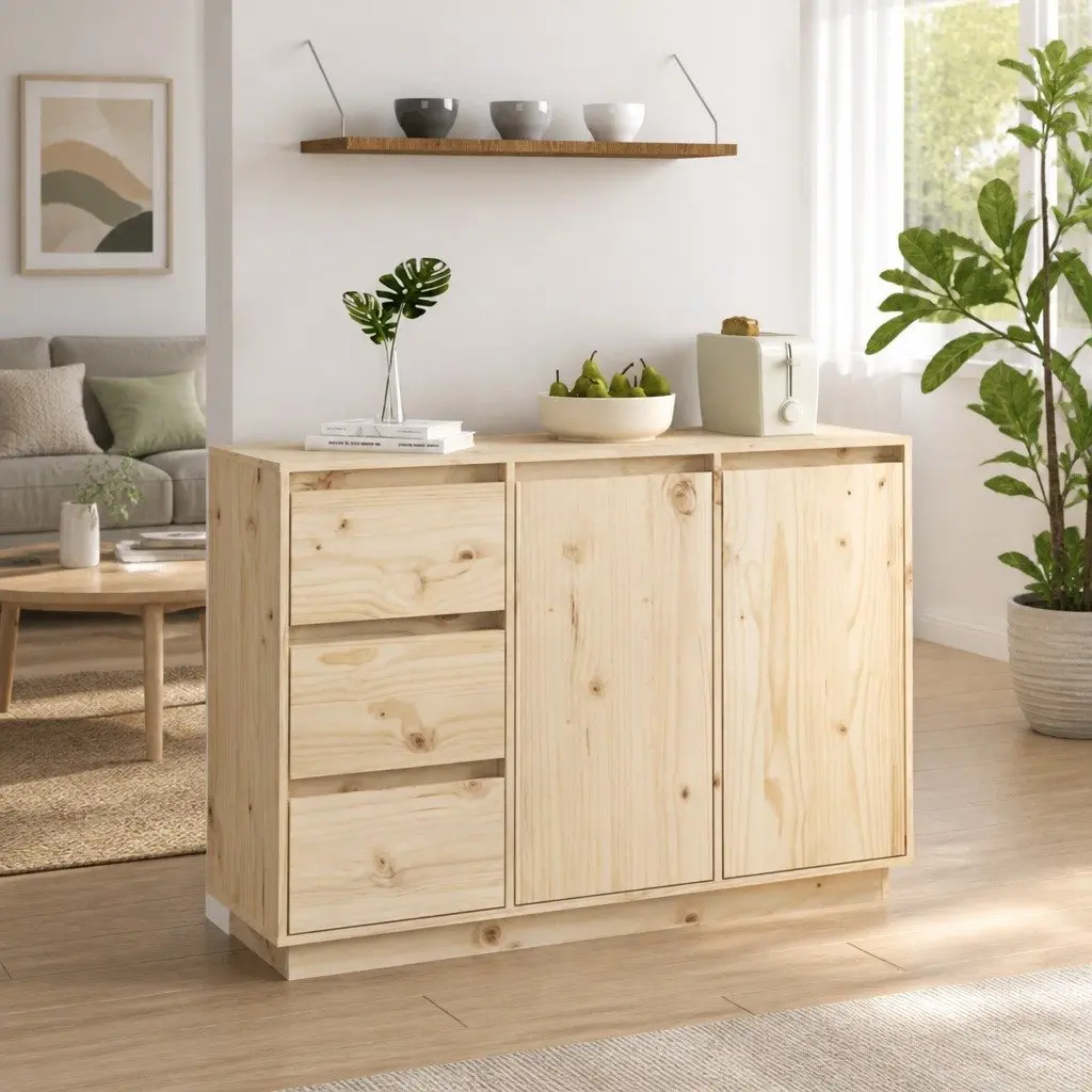 Brown Solid Wood Pine Sideboard with Storage and Drawers