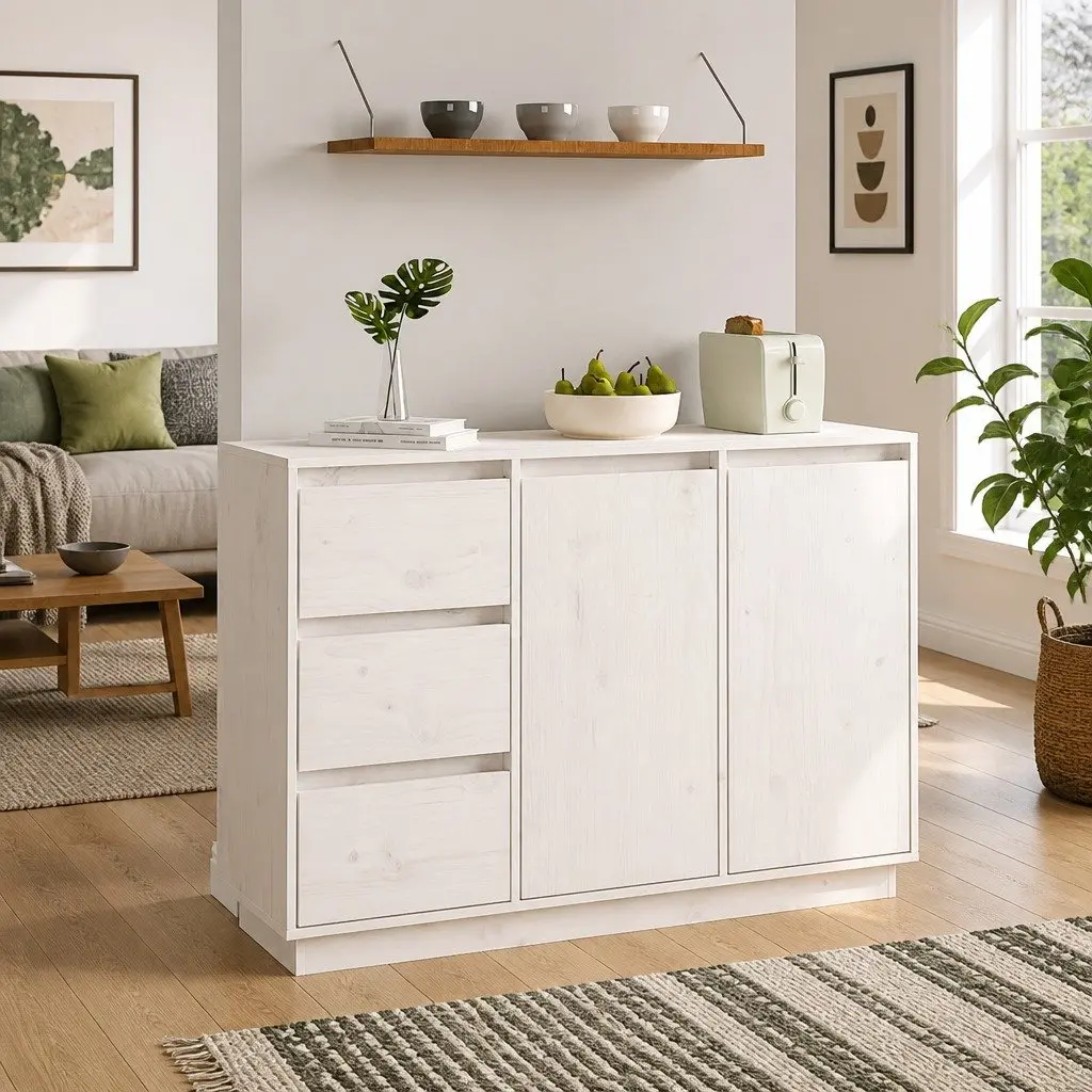 White Pine Wood Sideboard with 2 Doors & 3 Drawers