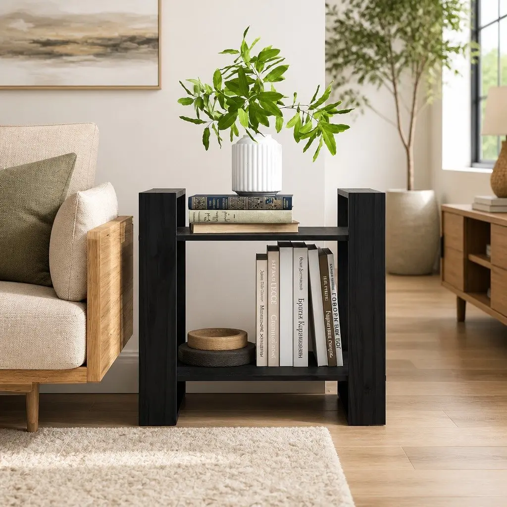 Black Solid Pine Wood Book Cabinet with Dual Functionality