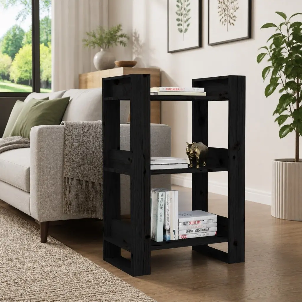 Black Solid Wood Pine Book Cabinet 60x35x91 cm