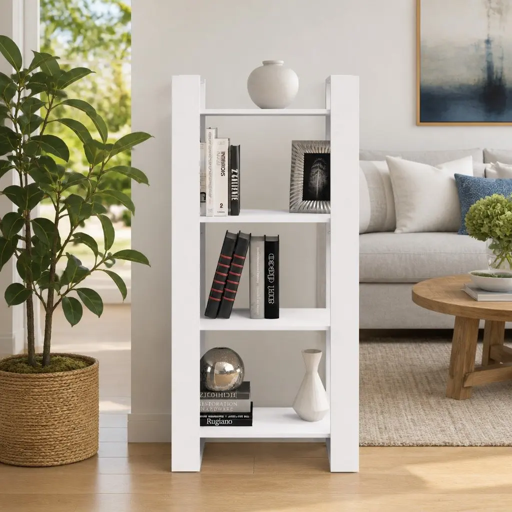 White Solid Wood Book Cabinet for Storage and Division