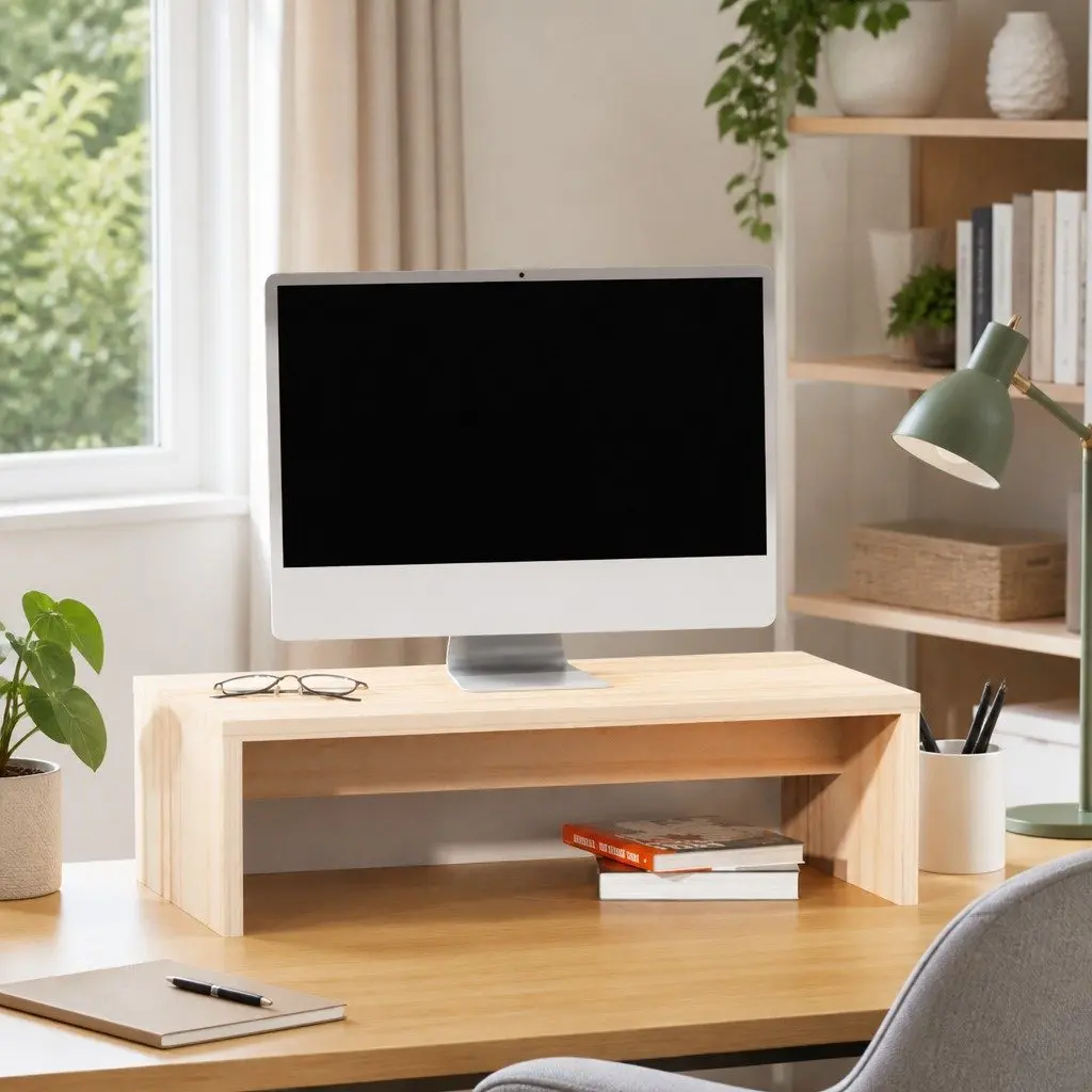Solid Pine Wood Monitor Stand with Integrated Storage