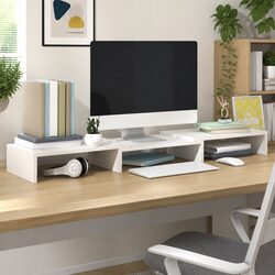 Monitor Stand White Solid Wood Pine Desk Riser Keyboard Storage Adjustable