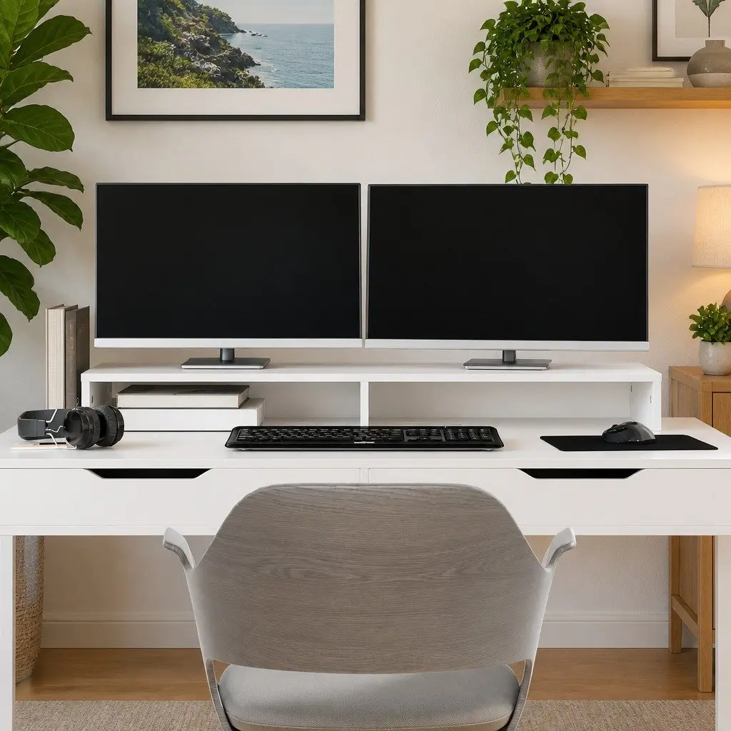White Solid Pine Wood Monitor Stand for Ergonomic Support