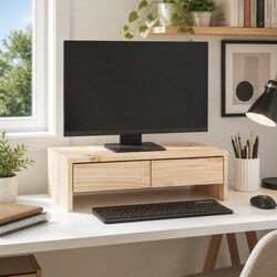 Monitor Stand 50x27x15cm Solid Wood Pine Storage Desk Riser with Drawers
