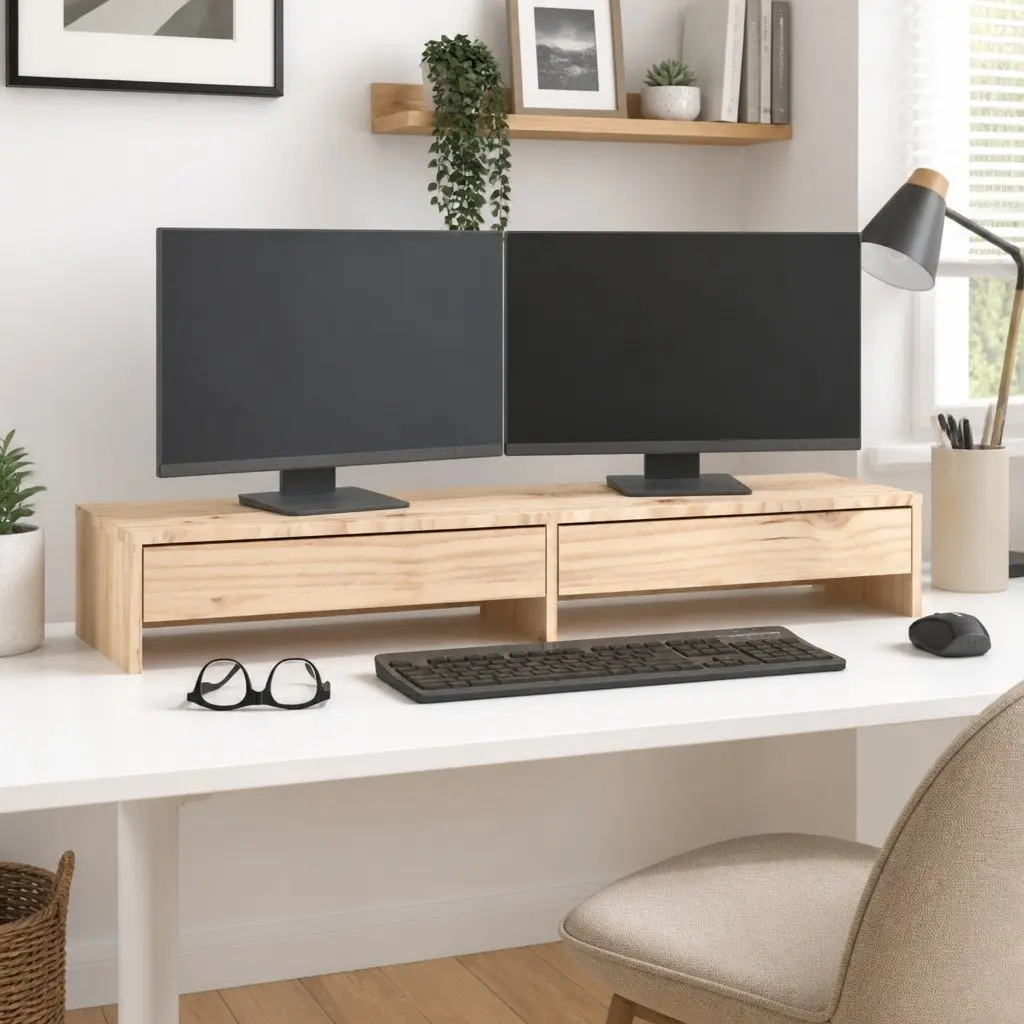 Solid Pine Wood Monitor Stand Riser 100x27x15cm