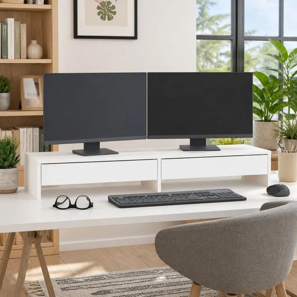 White Monitor Stand 100x27x15 cm Solid Pine Wood with Drawers